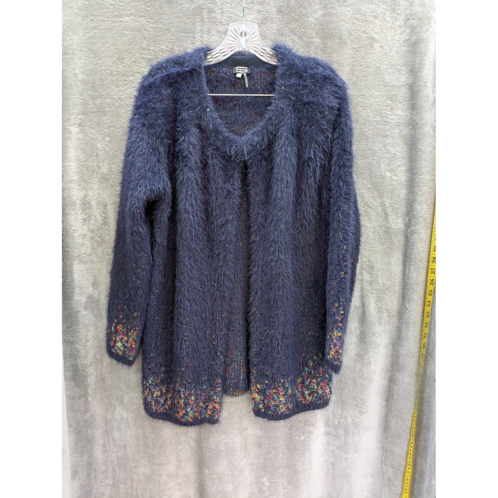 Eyelash Knit Sweater Women's Petite Medium‎ Navy Blue Rainbow Speckled Contrast